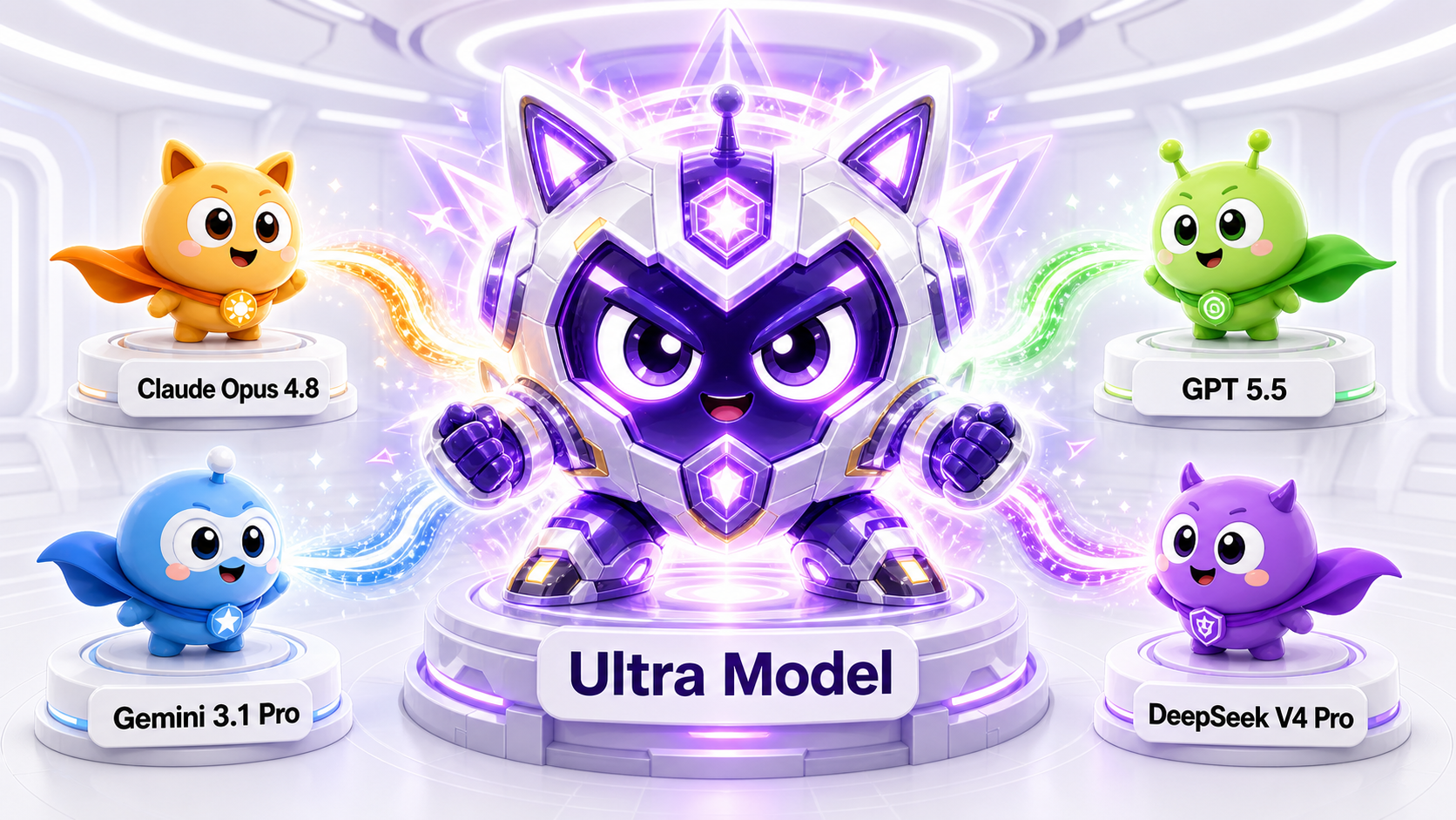 Ultra Model Fusion merging Claude Opus 4.8, GPT 5.5, Gemini 3.1 Pro, and DeepSeek V4 Pro into one Ultra Model